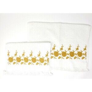 Vintage Dundee Towel Set White Gold Roses Embroidered Made In USA Hair Hand